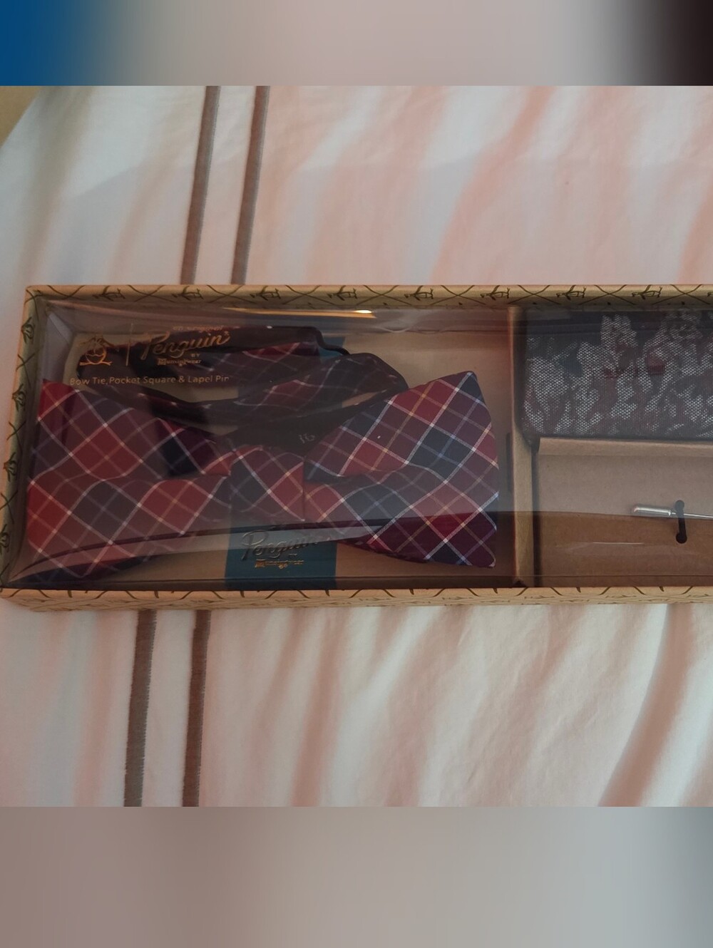 Original Penguin Red and Navy Plaid Bow Tie Gift Set w Pocket Square Lapel Pen